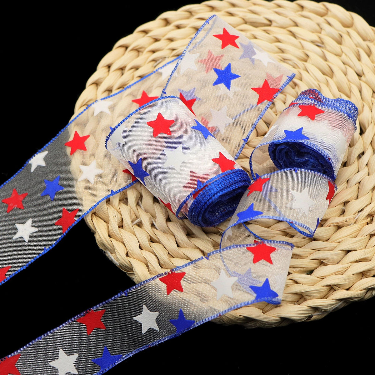 5 Yards/Roll Retro Patriotic Ribbon, Red White Blue Star Organza, Width 25mm, for July 4th Crafts, Wreaths, Bows, Party Decor, Pre-Cut DIY Gifts