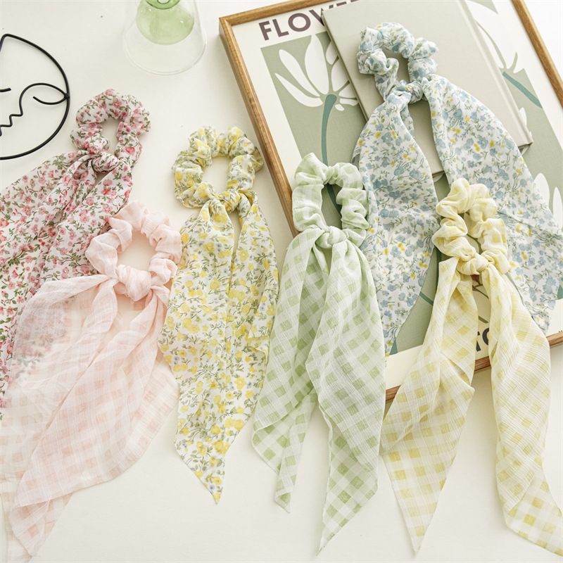 6 Pcs Floral Hair Scarf Scrunchies bowknot floral hair ribbons ties Chiffon Scarf Scrunchies Bow Ties Hand Bands Elastic Ropes