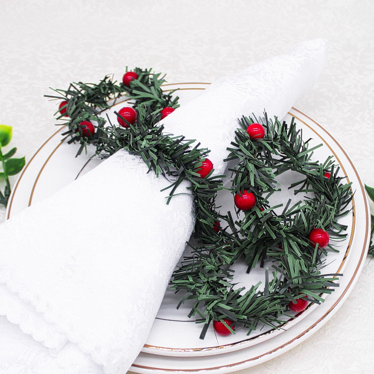 Christmas Napkin Rings Set of 4, Pine Needles Wreath with Red Berry Napkin Holder for Winter, Family Gathering, Banquet