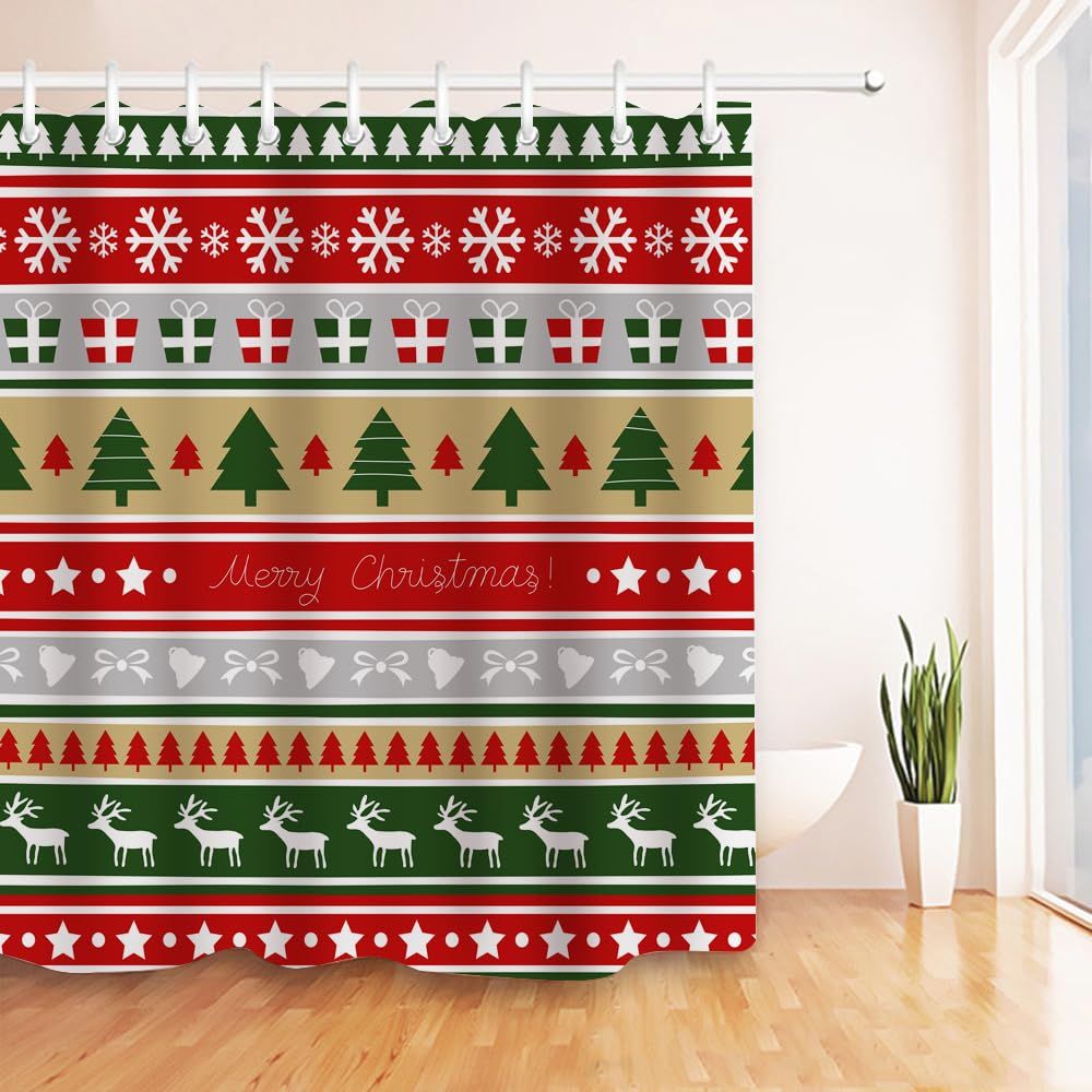 Merry Christmas Shower Curtain Christmas Tree Winter Snowflake Deer Gift Star Shower Curtain with 12 Hooks Decorative 72x72 Inch