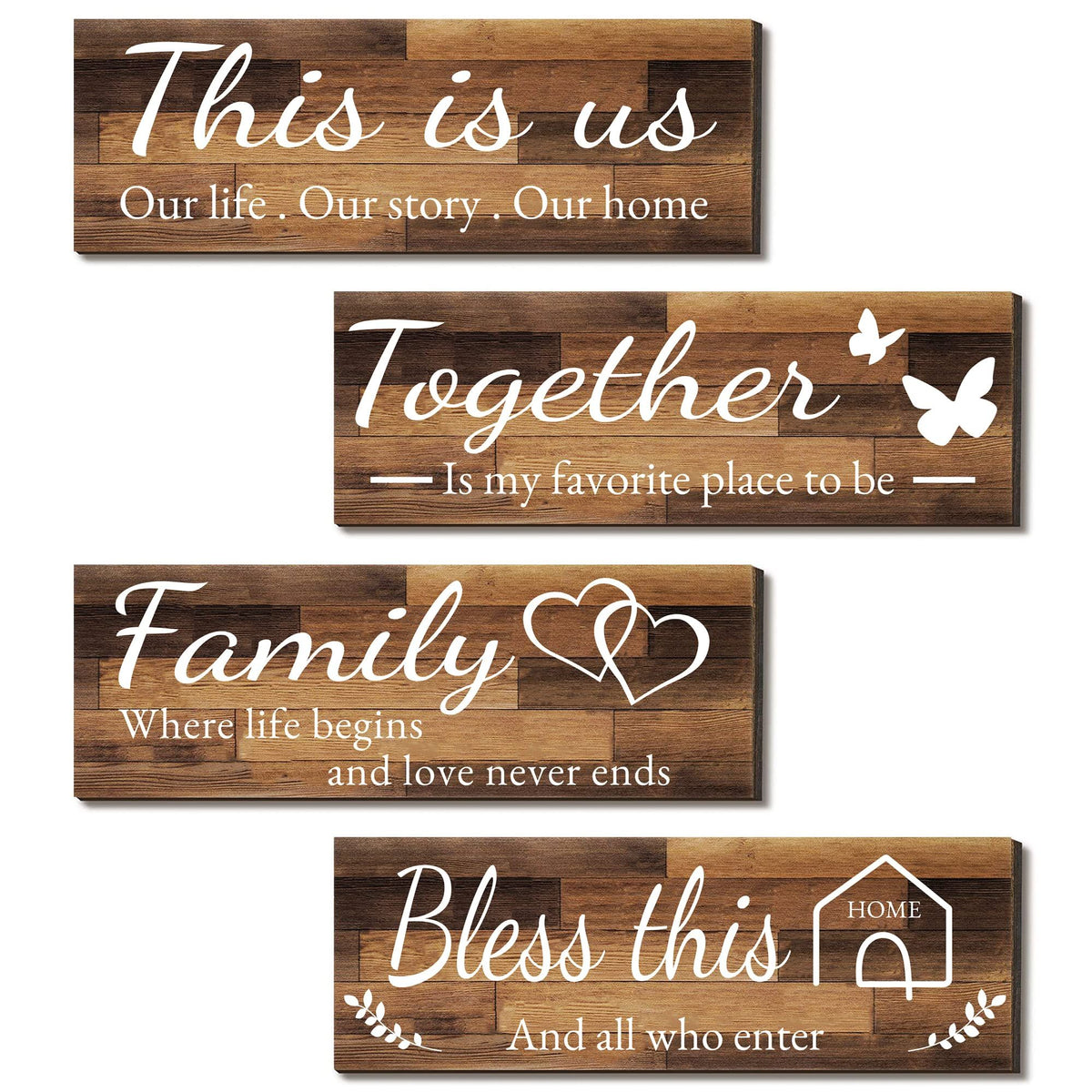 4 Pieces Home Wall Signs, THIS IS US/TOGETHER/BLESS THIS HOME/FAMILY Wall Decor For Living Room Bedroom, 4.7 x 13.8 Inch(Brown)