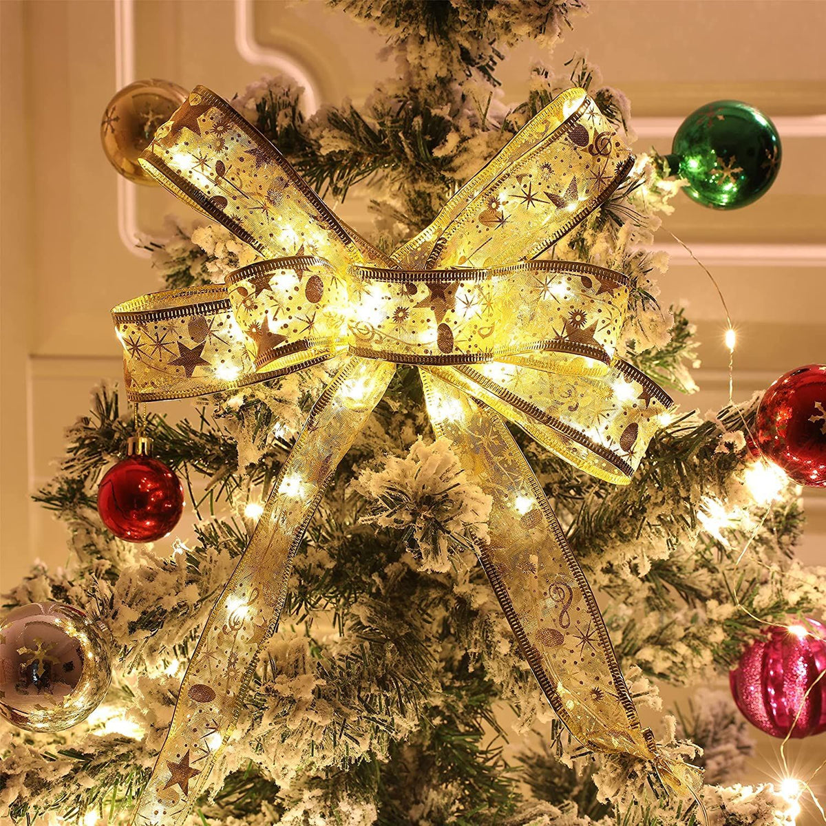 Christmas Tree Decorations String Lights 32ft 100 LED Lights Copper Wire Ribbon (Gold Warm Light Battery Powered)