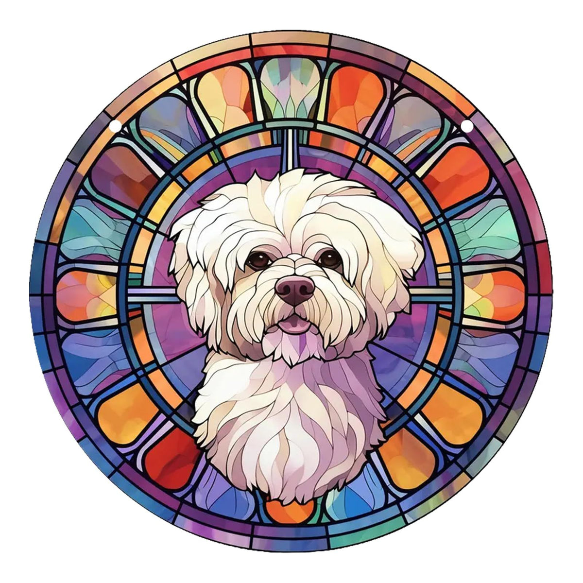 Dog Memorial Gift Stained Glass Window Hanging, Tiffany Style Stained Glass Window Panel, Round Shape, 5.9 inches Wide