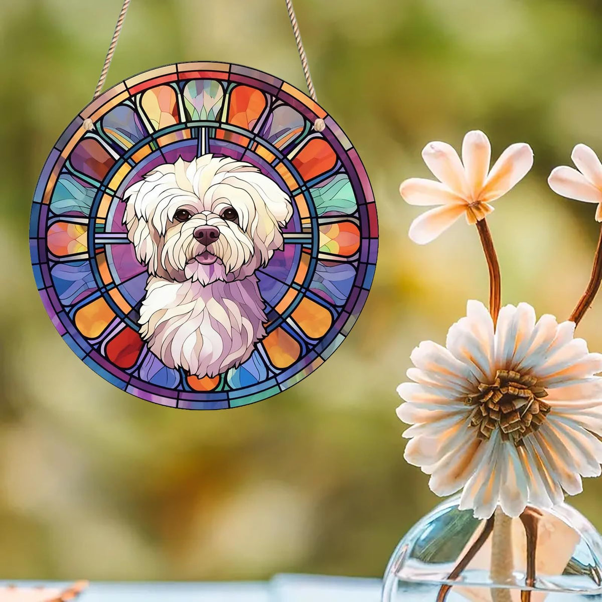 Dog Memorial Gift Stained Glass Window Hanging, Tiffany Style Stained Glass Window Panel, Round Shape, 5.9 inches Wide