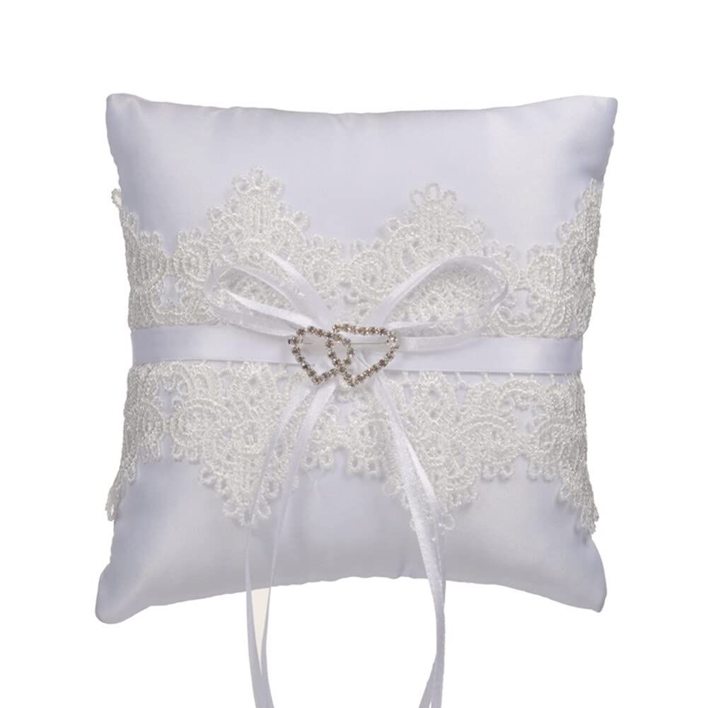 Wedding Ring Pillow White Bowknot Ring Bearer Pillow Holder Rhinestones Hollow Heart Decorative Ring Pillow Romantic Ring Bearer