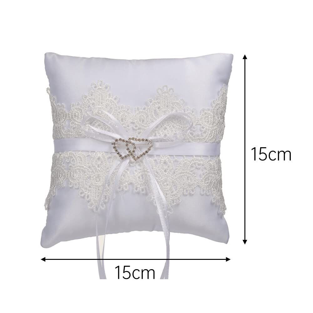 Wedding Ring Pillow White Bowknot Ring Bearer Pillow Holder Rhinestones Hollow Heart Decorative Ring Pillow Romantic Ring Bearer