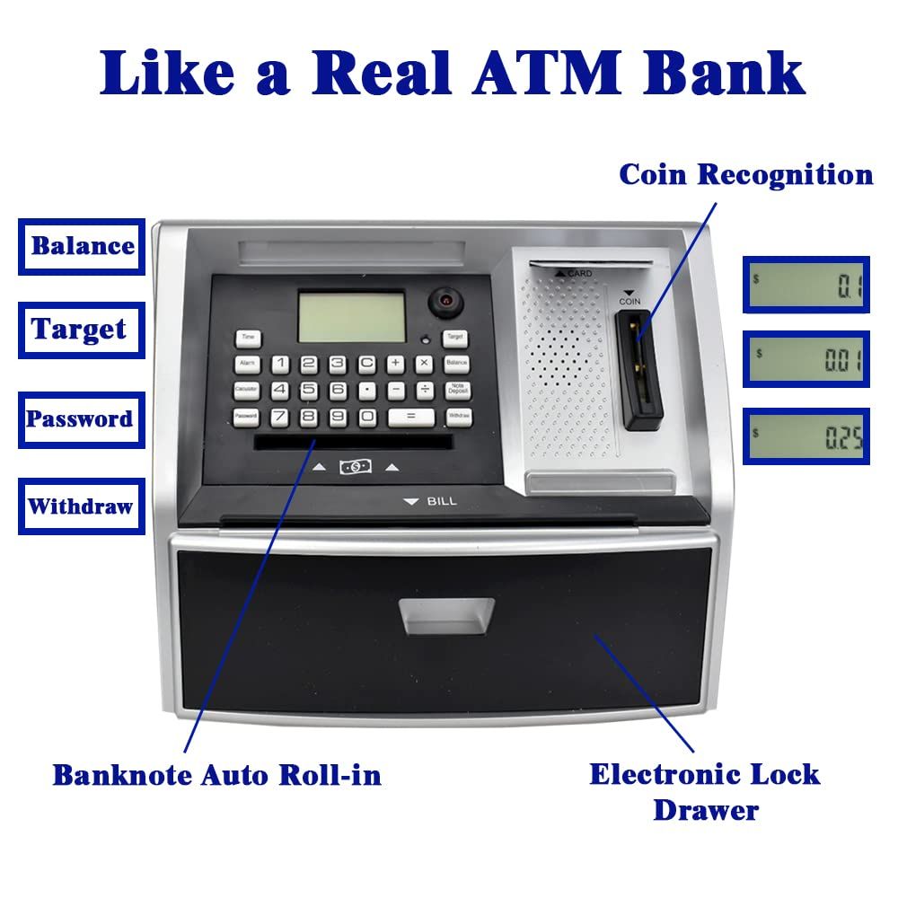 ATM Savings Bank with Debit Card, Electronic Piggy Bank for Real Money, Targets Setting, Password Login (Black/Silver)