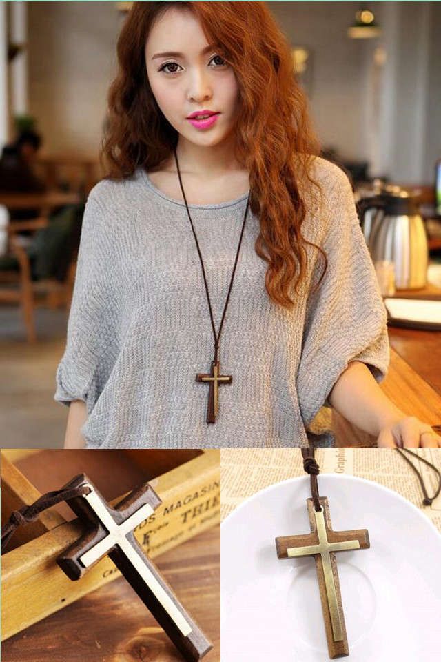 Classic Wood Cross Pendant Necklace Simple Natural Wood Layer Cross Necklace Vintage Religious Pendant Necklace for Women Men