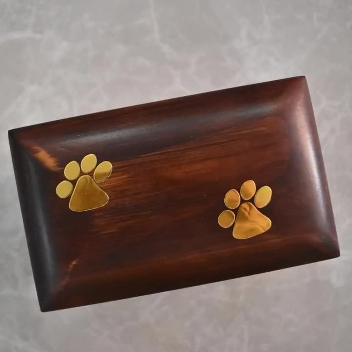 Beautiful Wooden Pet Urn with Brass Paw Design- Rosewood Pet Cremation Urn - Perfect Memorial Pet for Dog and Cat Ashes