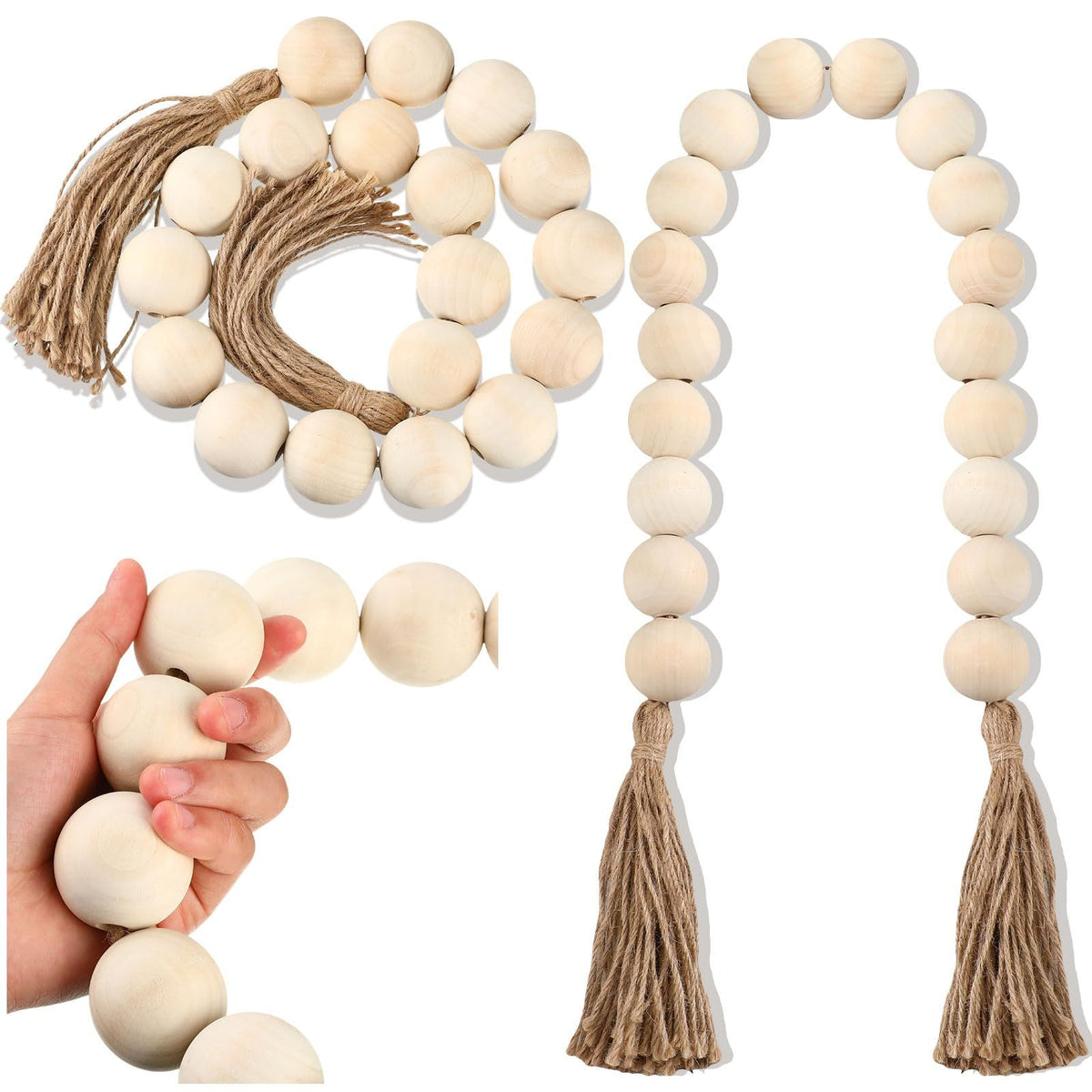 2 Pcs Large Wood Bead Garland with 1.57" Diameter Wood Beads and Tassel, Decorative Beads Boho Home Decor Long Oversized (White)