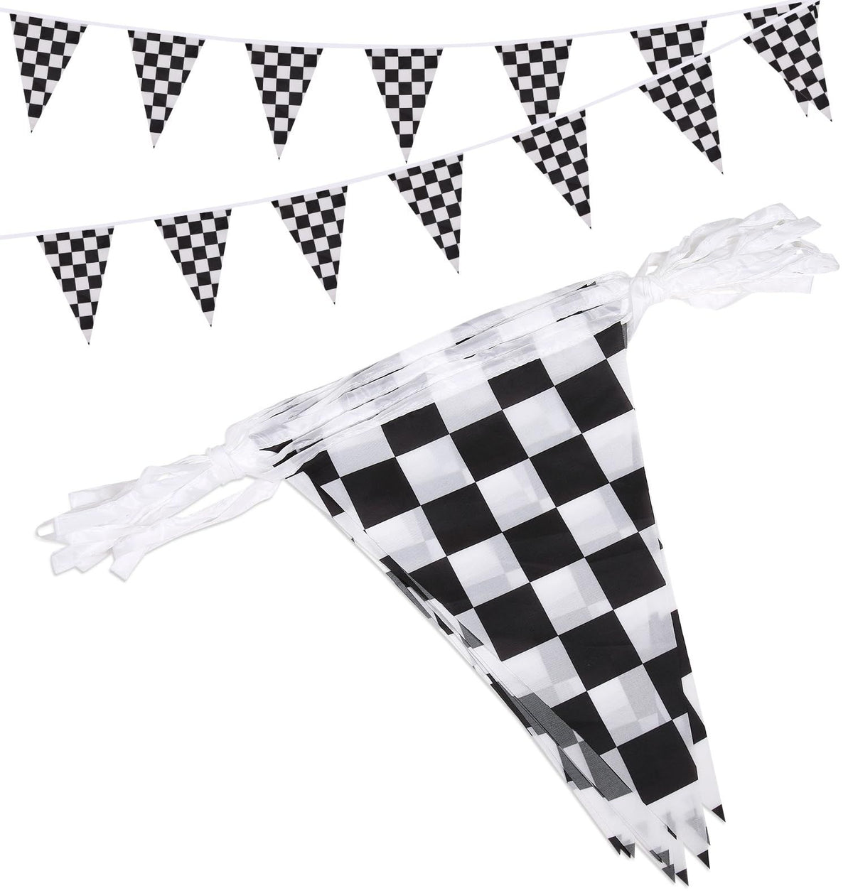 Reusable party decoration flags, 38 black and white checkered flags sewn on white ropes (black and white checkered)
