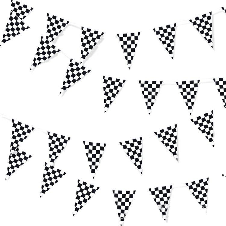 Reusable party decoration flags, 38 black and white checkered flags sewn on white ropes (black and white checkered)