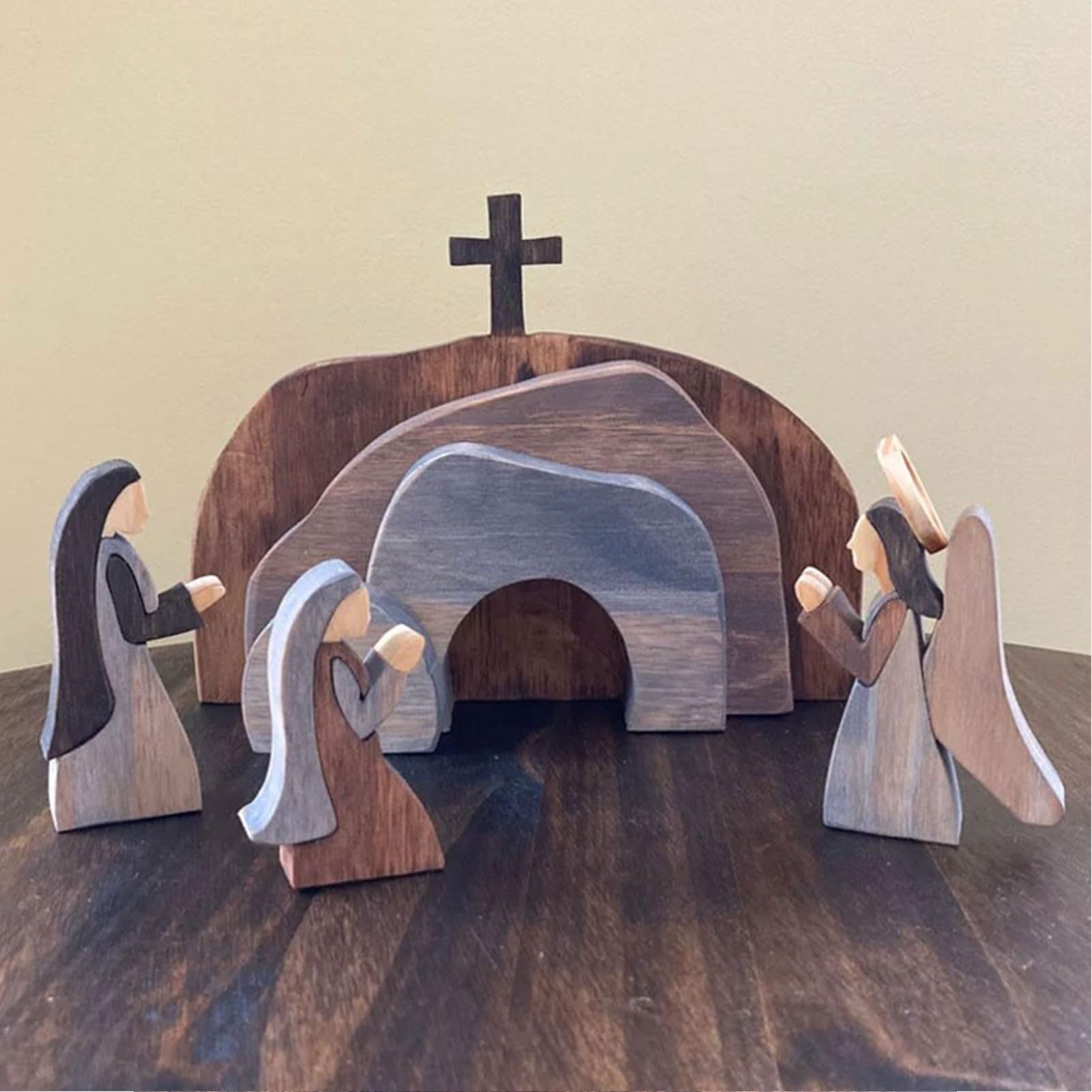 Easter Resurrection Scene Set,Wooden Empty Tomb Cross Figures Easter Tabletop Scene Decor,Jesus Resurrection Set for Easter