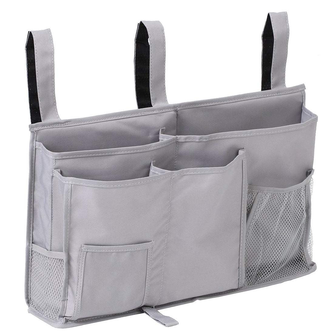 Bedside Caddy, Hanging Storage Bag Holder Beside Organizer with Pockets for Bunk Dorm Rooms and Hospital Bed Rails, Grey