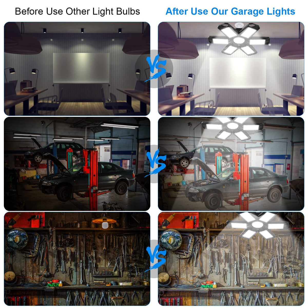 2 pc Garage Lights,Deformable Garage Ceiling Light with Multi-Position Panels, Shop Light for Garage, High Bay Light Support Socket
