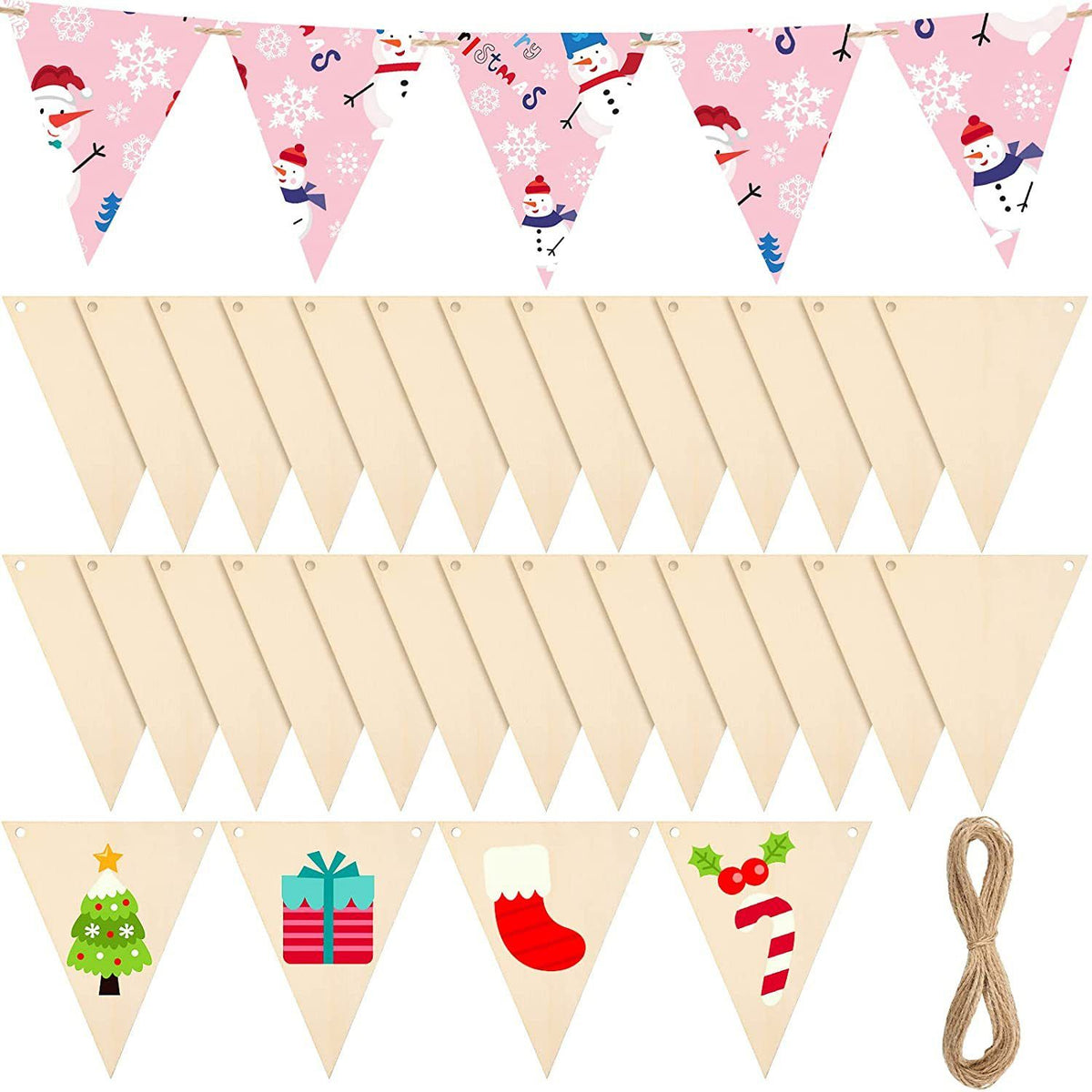 20pcs Unfinished Wooden Triangle Pennant Wood Hanging Banner Unfinished Wood Plaque Blank Wood Hanging Tags for DIY Craft