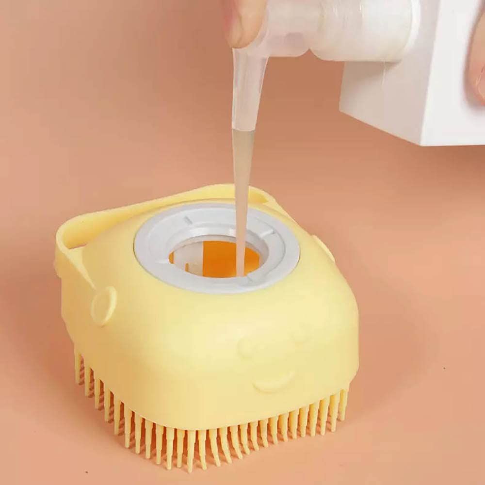 Bath Massage Brush with Soap and Shampoo Dispenser Soft Silicone Bristle for Long Short Haired Dogs Cats Shower (Yellow)
