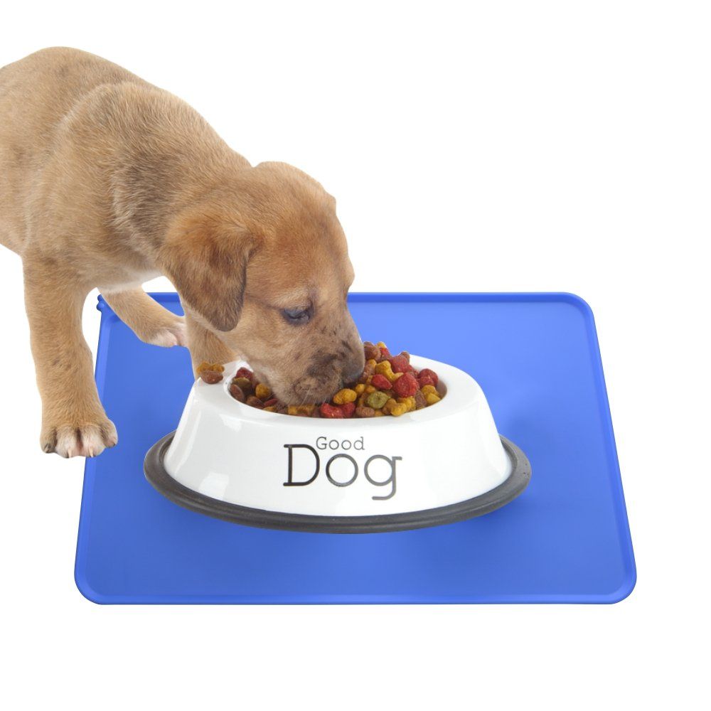 Dog Food Mat, Silicone Dog Cat Bowl Mat, Non Slip Pet Feeding Mat Waterproof Dog Placemat for Small Animals (18.5"x11.8", Blue)