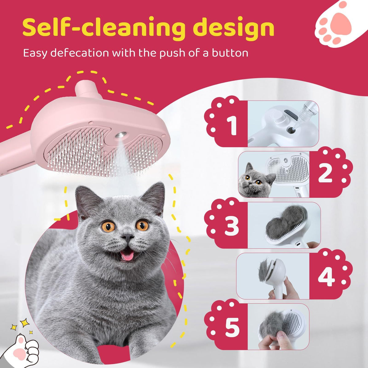 Cat Steam Brush Cat Hair Brush for Shedding Cat Grooming Steamy Brush with Release Button Pet Brush Steamy for indoor (Pink)