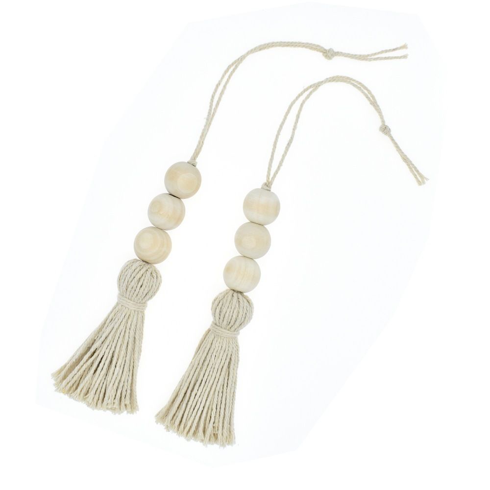 2PCS, Wood Bead Ornaments Farmhouse Beads with Tassel Ornaments Hanging Decoration for Closet Handle Door Handle