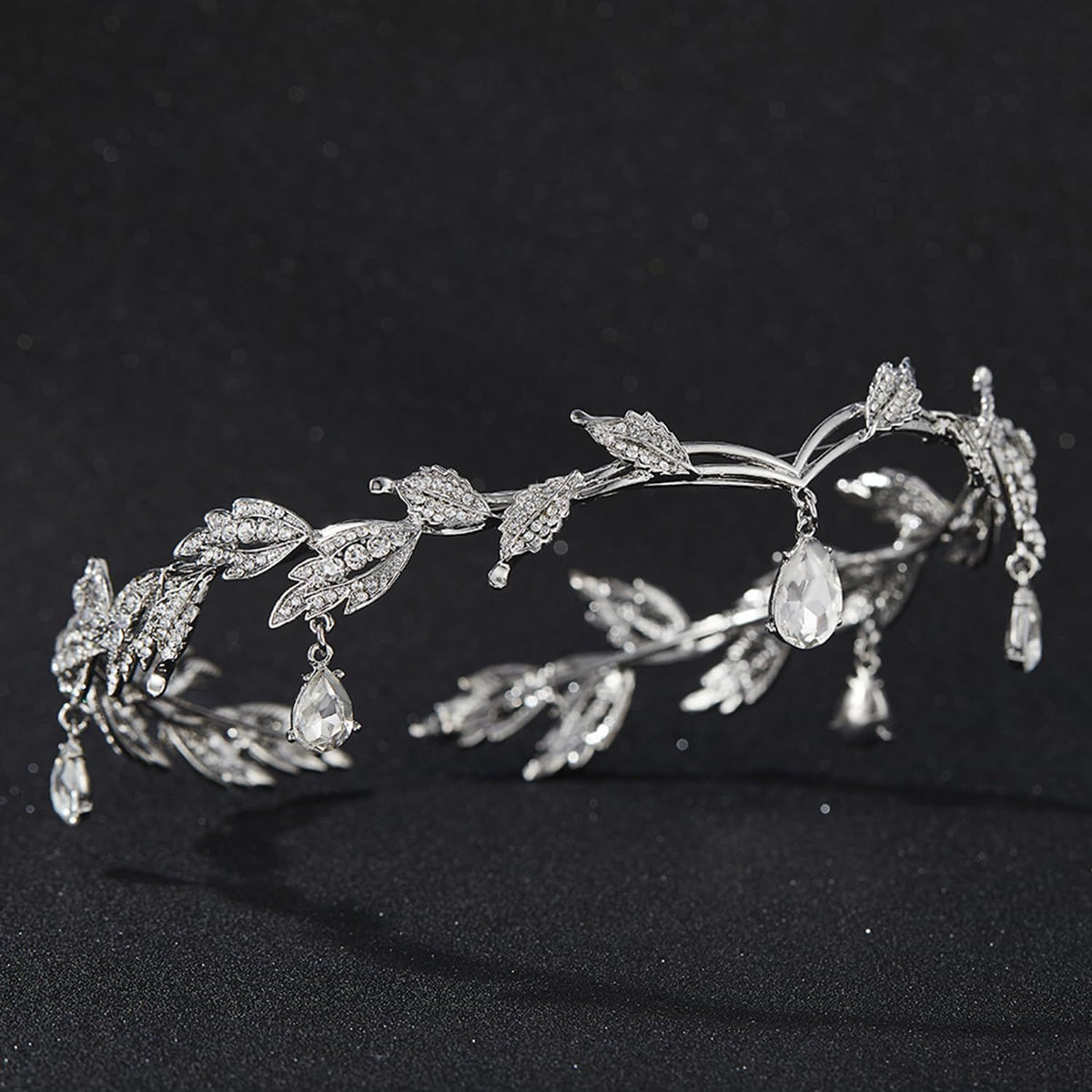 Rhinestone Leaf Wedding Crown Headband for Brides, Crystal Pendent Fairy Tiara Headband for Wedding Prom Birthday