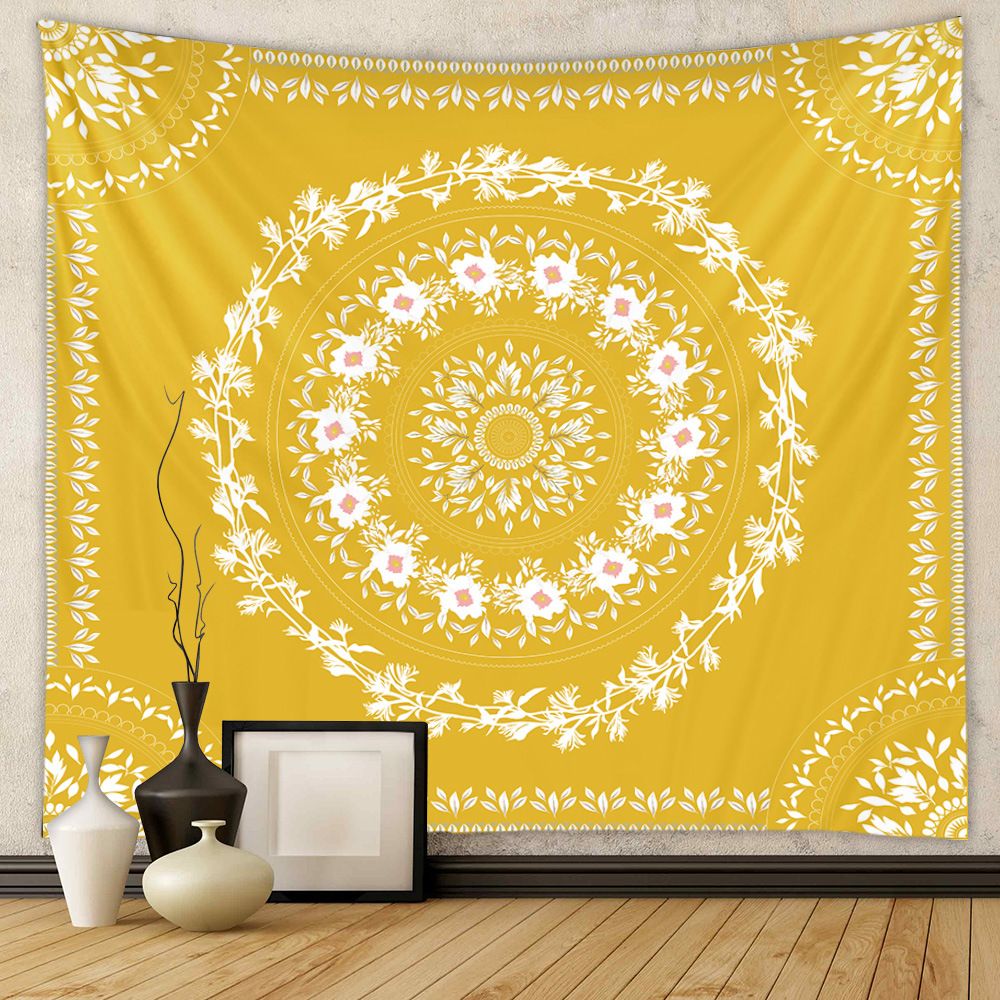 Yellow Bohemian Tapestry Wall Hanging, Mandala Floral Medallion Hippie Tapestry with White Aesthetic Wreath Design