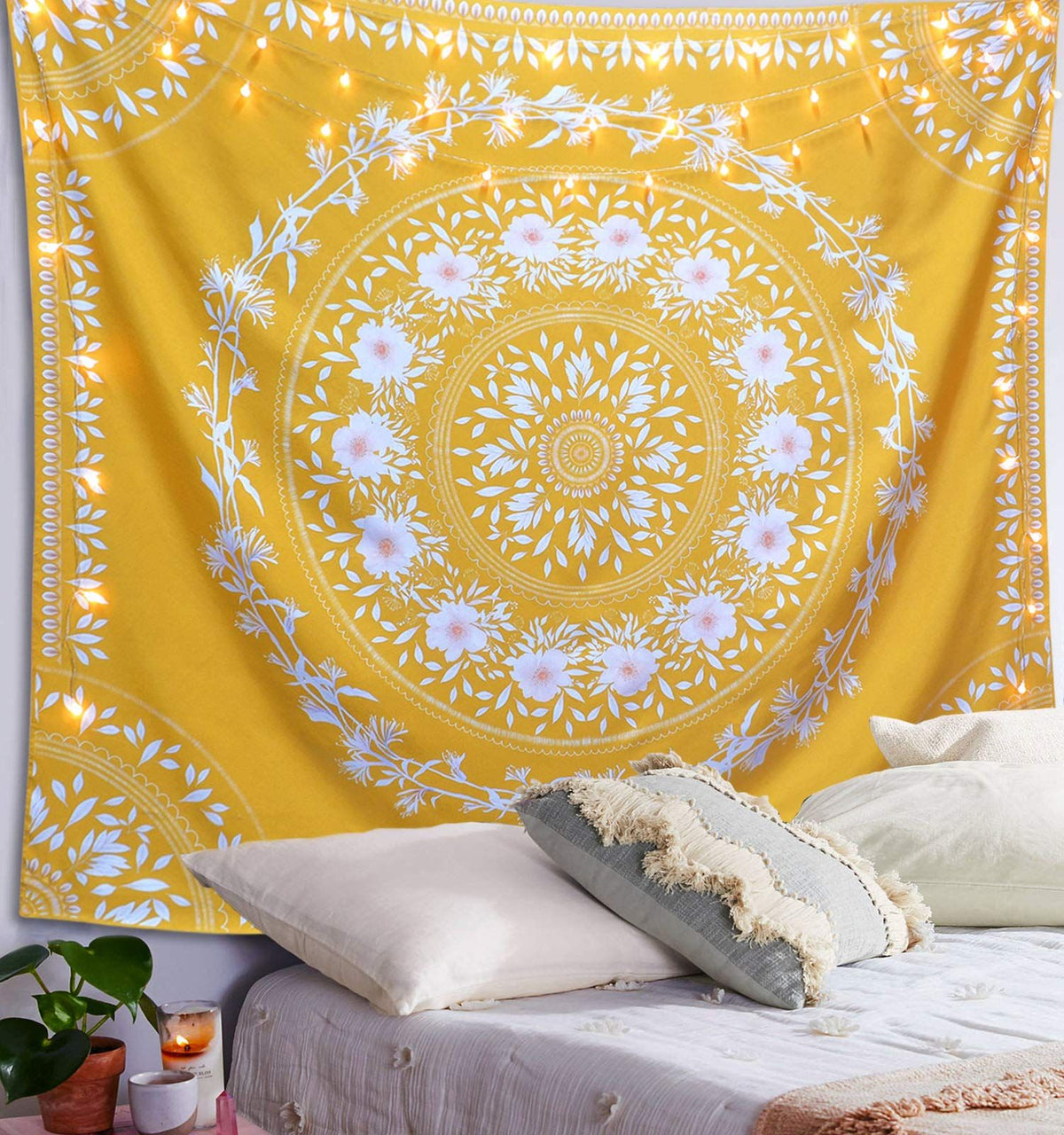 Yellow Bohemian Tapestry Wall Hanging, Mandala Floral Medallion Hippie Tapestry with White Aesthetic Wreath Design