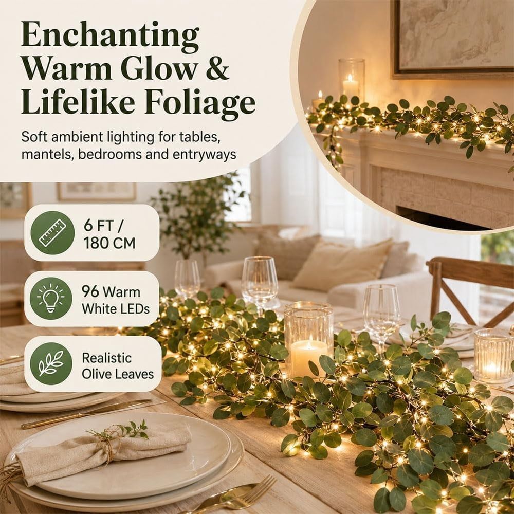 2Pcs Faux Vine Lights Artificial Greenery Garlands, Vines with Fairy Lights for Fireplace, Table, Wedding, Home Décor