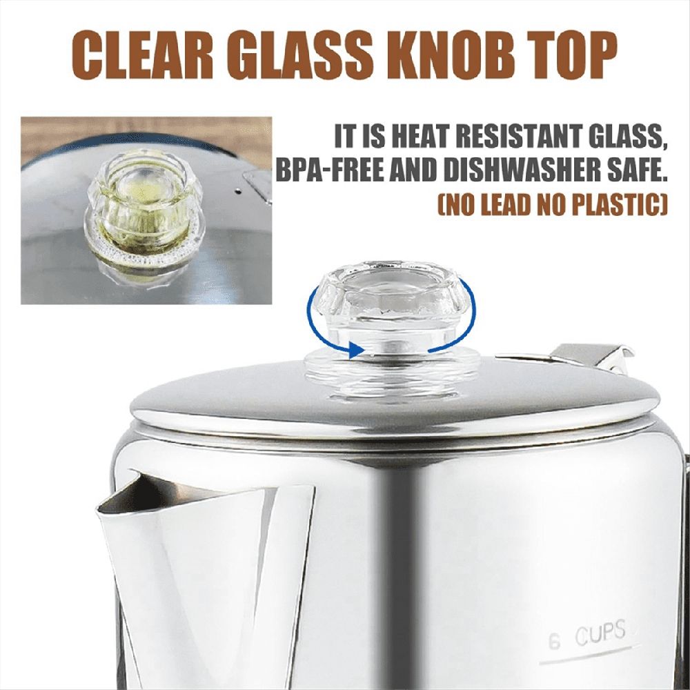Multi Use Percolator Coffee Pot with Heat Glass Knob & Silica Gel Handle, for Indoor Induction Cooktop, 6 Cup
