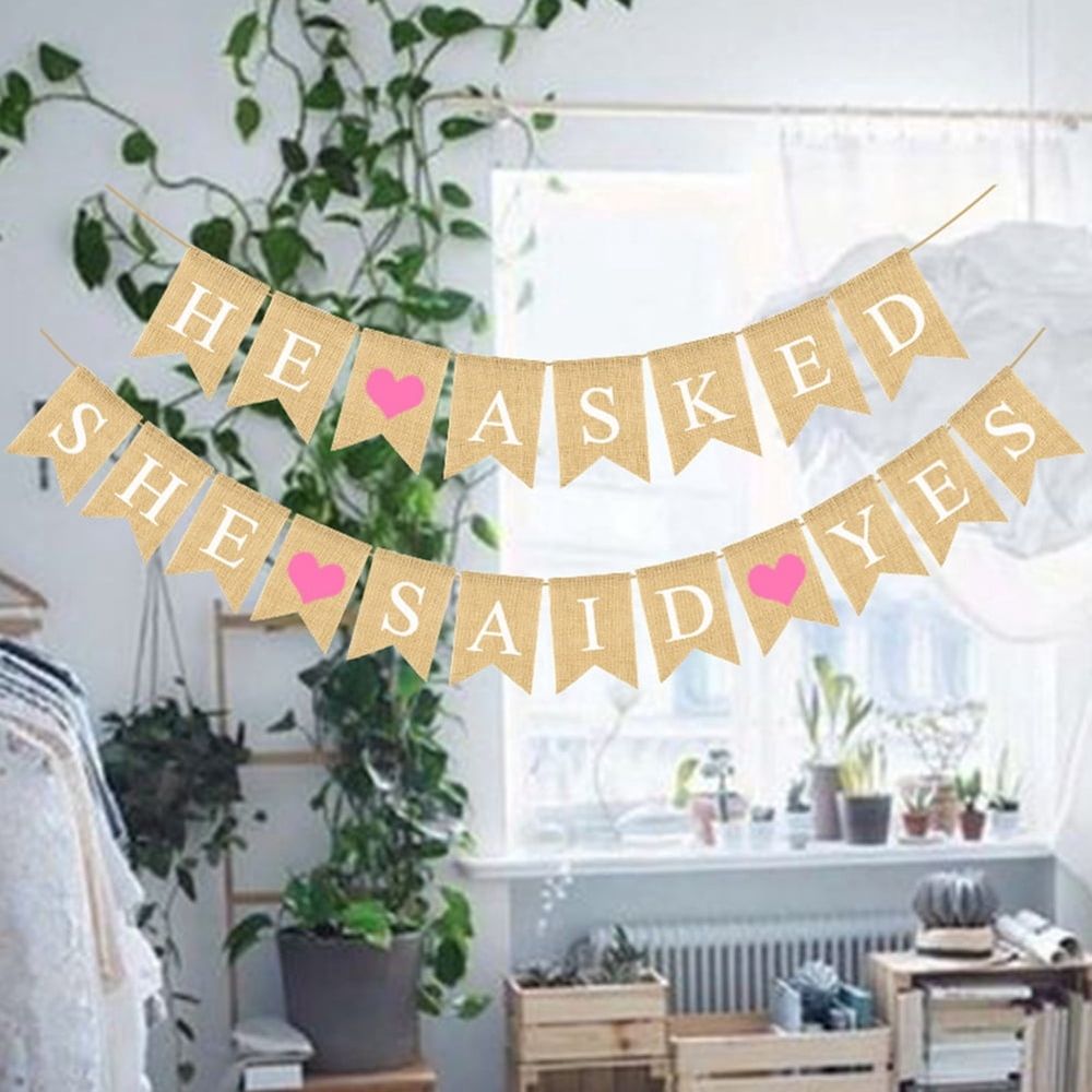3 Pieces Engaged Burlap Banner He Asked She Said Yes Banner Rustic Bridal Shower Bunting Garland for Wedding Engagement