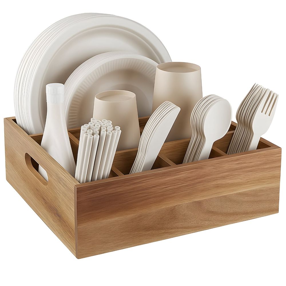 Wooden Cutlery Holder for Dining Table, Multiple Compartments Organizer Box, Ideal for Parties, Picnic, and Home Use, Features Handles for Easy Movement 11"x10.5"x3.7