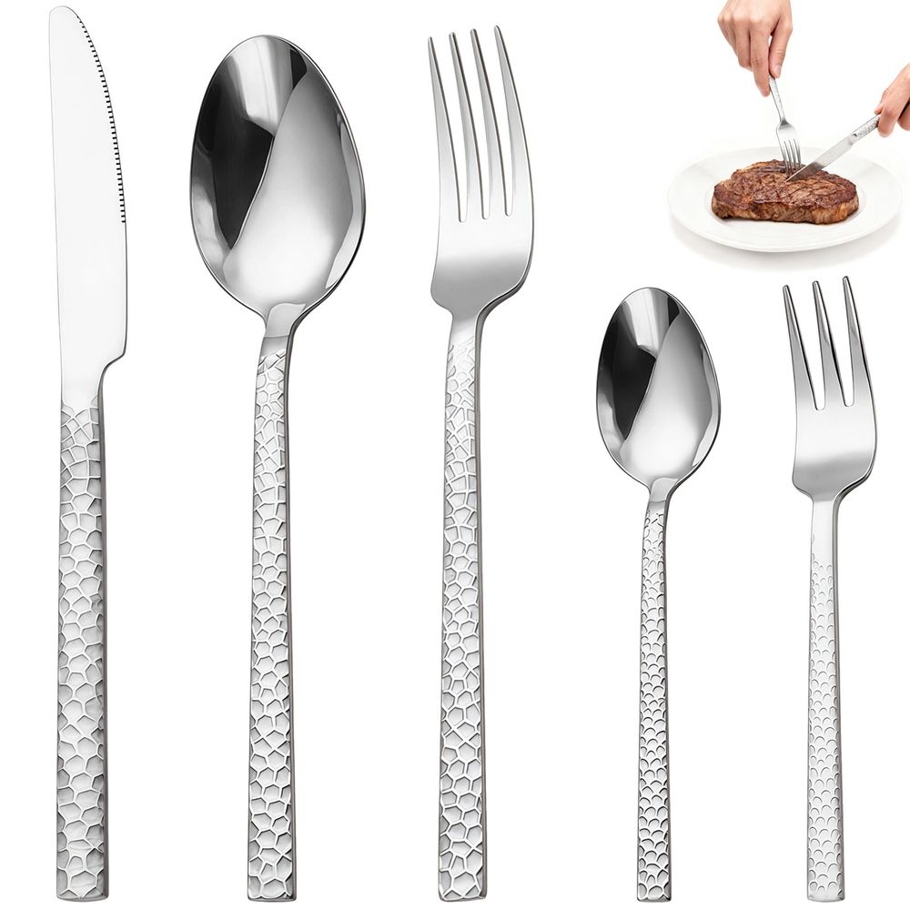 40PCS Hammered Silverware Set for 8, Stainless Steel Flatware, Elegant Silver Cutlery Set with Service for Dinner Knives, Dinner Spoons, Dinner Forks, Teaspoons, Tea Forks