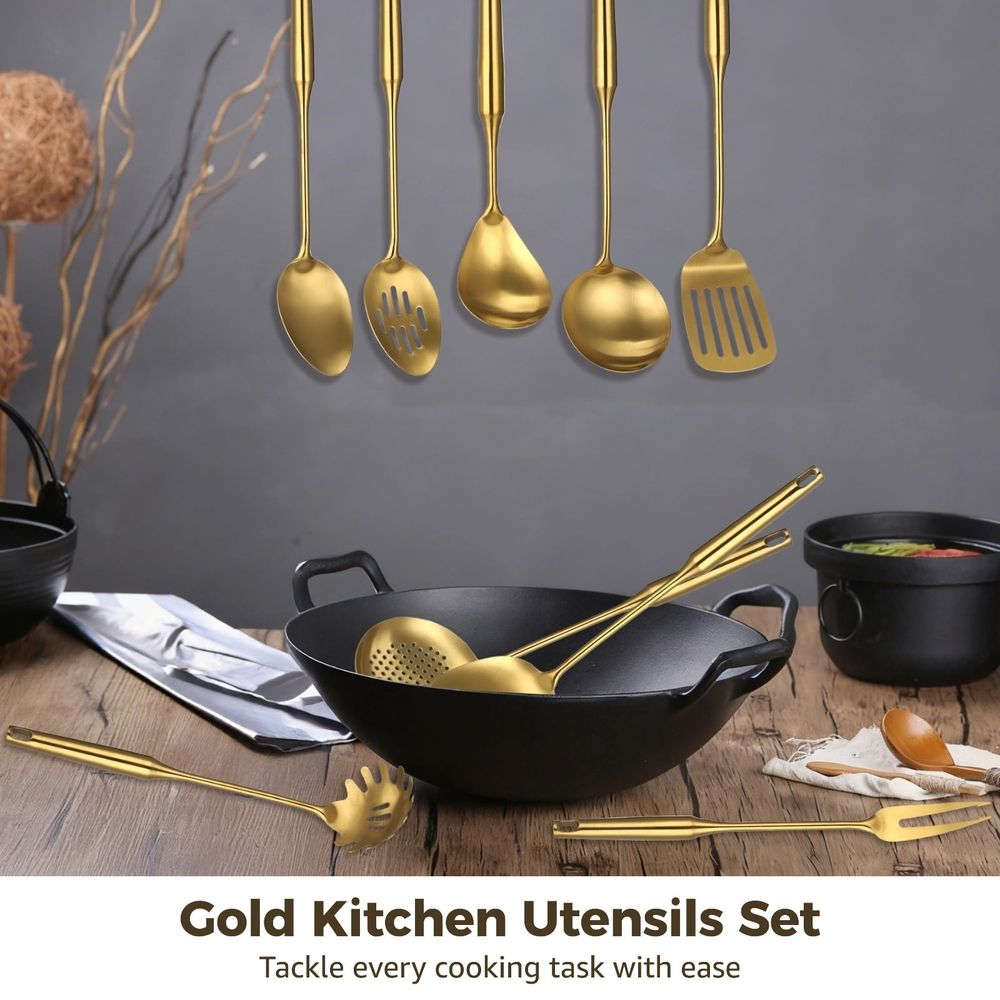 9PCS Gold Kitchen Utensils Set, 304 Stainless Steel Gadgets Cooking Tools, All Metal Serving Utensils, Includes Spatulas, Spoons, Ladle, Skimmer, Tunner