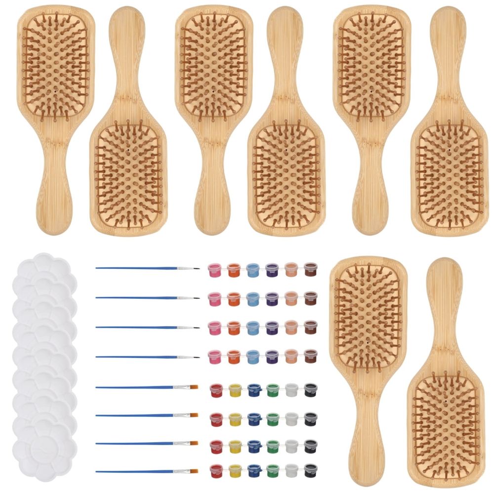 8PCS DIY Wooden Hairbrush Painting Kits, Hand-Painted Hair Brush with Paints, Brushes & Palette, Massage Styling Comb Set, Creative Craft Supplies for Artistic Activity & Festive Party
