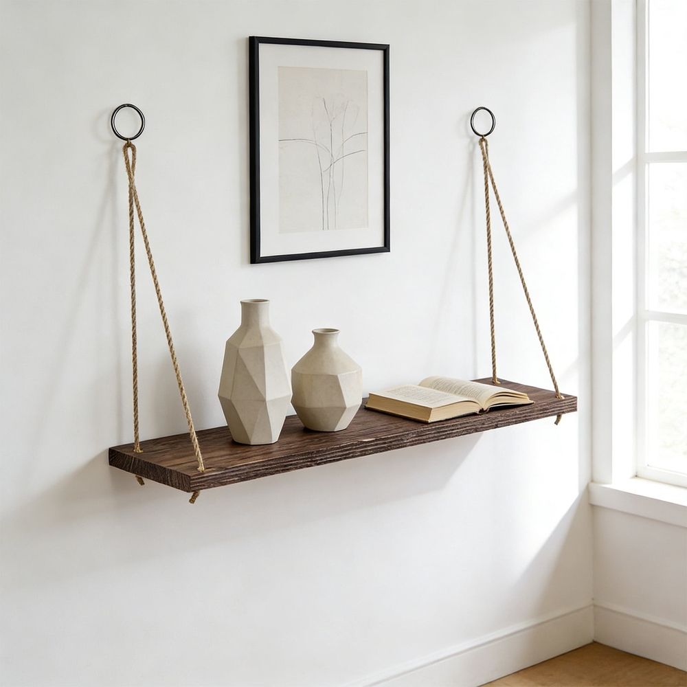 Wooden Hanging Rope Storage Rack Wall Mounted Floating Shelf Natural Solid Wood Adjustable Hemp Rope High Load Bearing For Living Room Bedroom Balcony Bathroom Entryway Home Wall Decor Storage