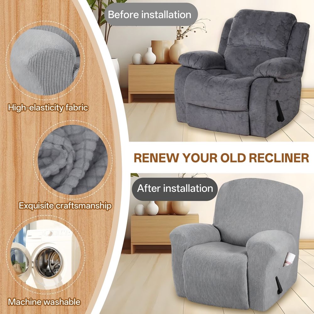Recliner Chair Cover, Stretch Jacquard Recliner Slipcover, Furniture Protector for Recliner Chairs, Soft & Durable Couch Cover for Pets & Kids (1 Seater, Gray)