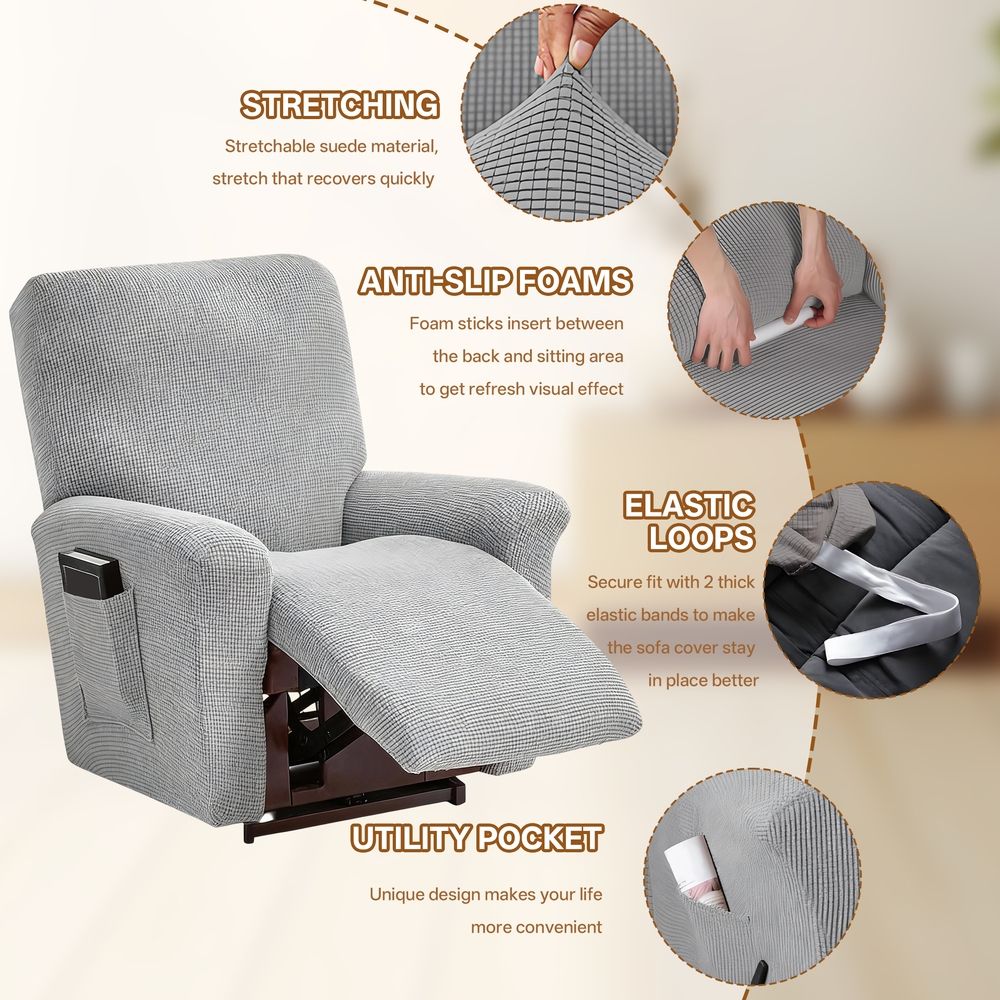 Recliner Chair Cover, Stretch Jacquard Recliner Slipcover, Furniture Protector for Recliner Chairs, Soft & Durable Couch Cover for Pets & Kids (1 Seater, Gray)