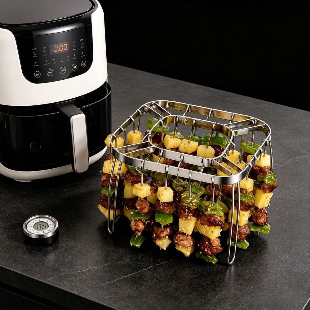 Stainless Steel Air Fryer Skewer Rack with 28 Skewers - Upgrade BBQ Kabob Rack for Even Cooking - Foldable Roasting Rack for Oven and Grill - Dishwasher Safe Food Grade kebab Skewer Stand