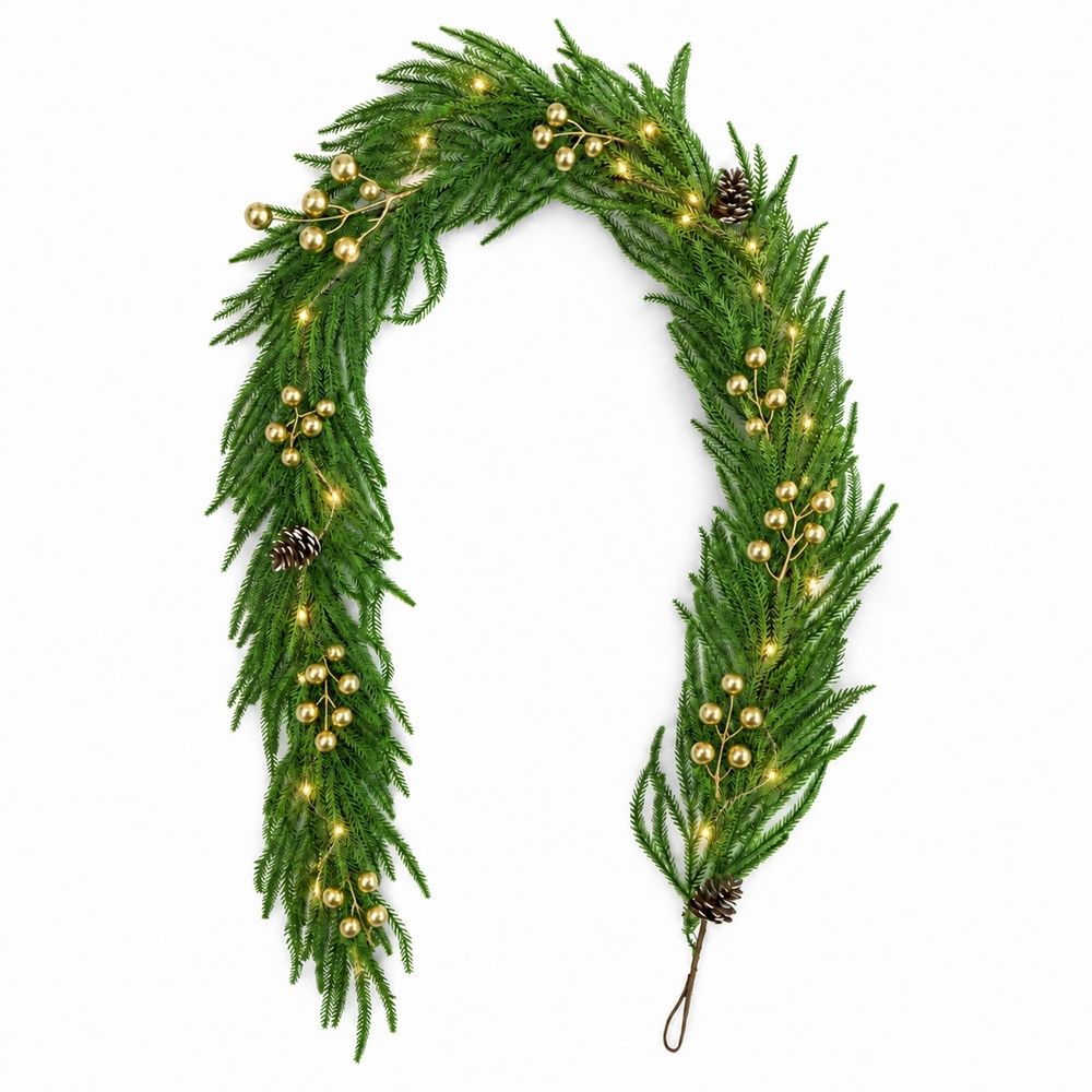 Christmas Garland with Warm Lights Gold Berries Pinecones 1.8M 70.9 Inch | Pre-Lit Holiday Garland for Fireplace Mantel Stairs Railing Shelf Doorway Decor