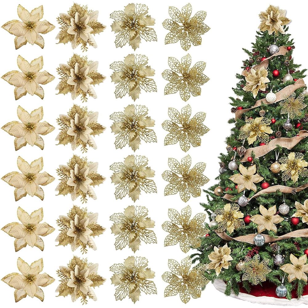 24PCS Christmas Poinsettia with Clips Glitter Artificial Flower Winter Party Supplies for Xmas Tree Ornament Wedding Birthday Wreath Decoration