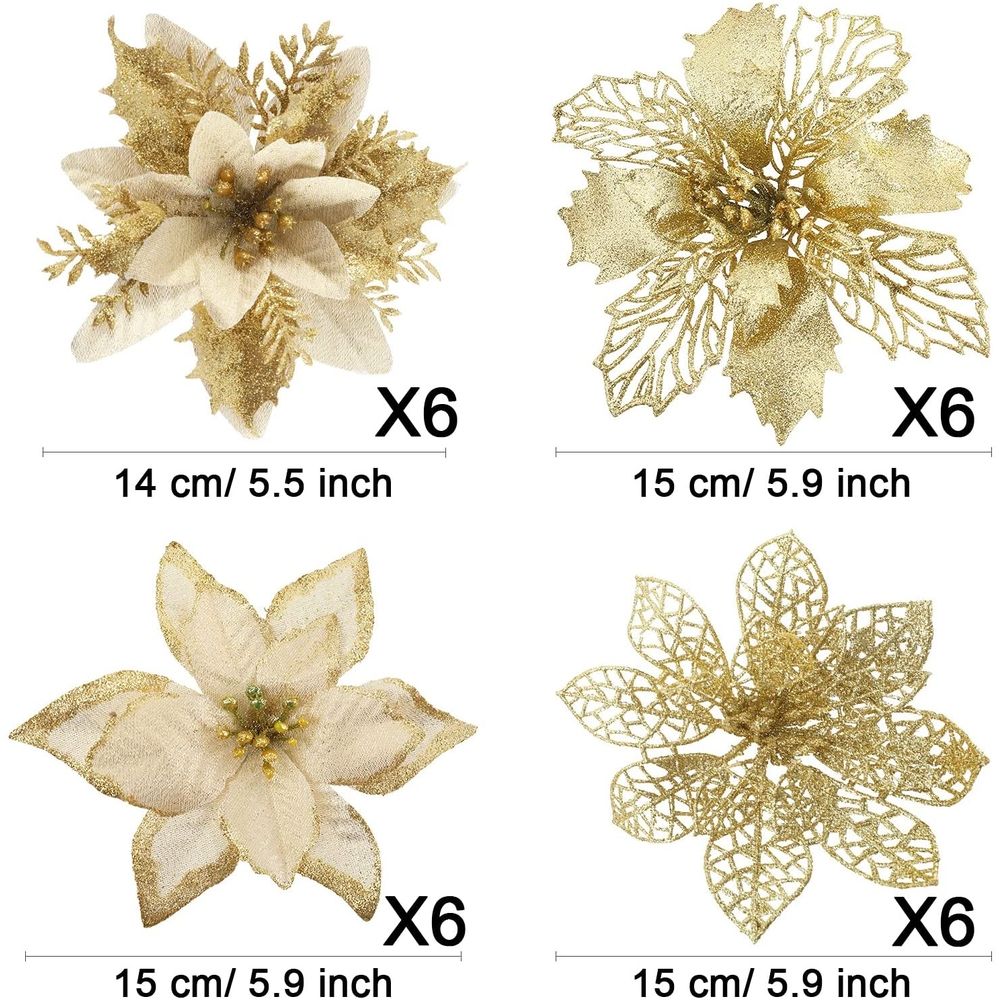 24PCS Christmas Poinsettia with Clips Glitter Artificial Flower Winter Party Supplies for Xmas Tree Ornament Wedding Birthday Wreath Decoration
