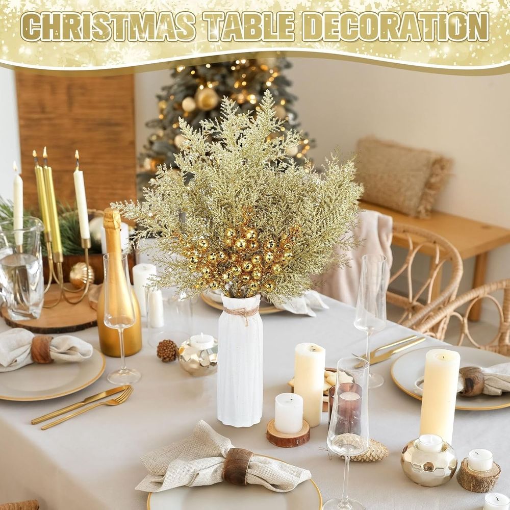 40PCS Christmas Glitter Berries Stems and Christmas Glitter Artificial Pine Needles Artificial Christmas Picks Fake Floral Twig Picks Christmas Decorations for Tree Garland