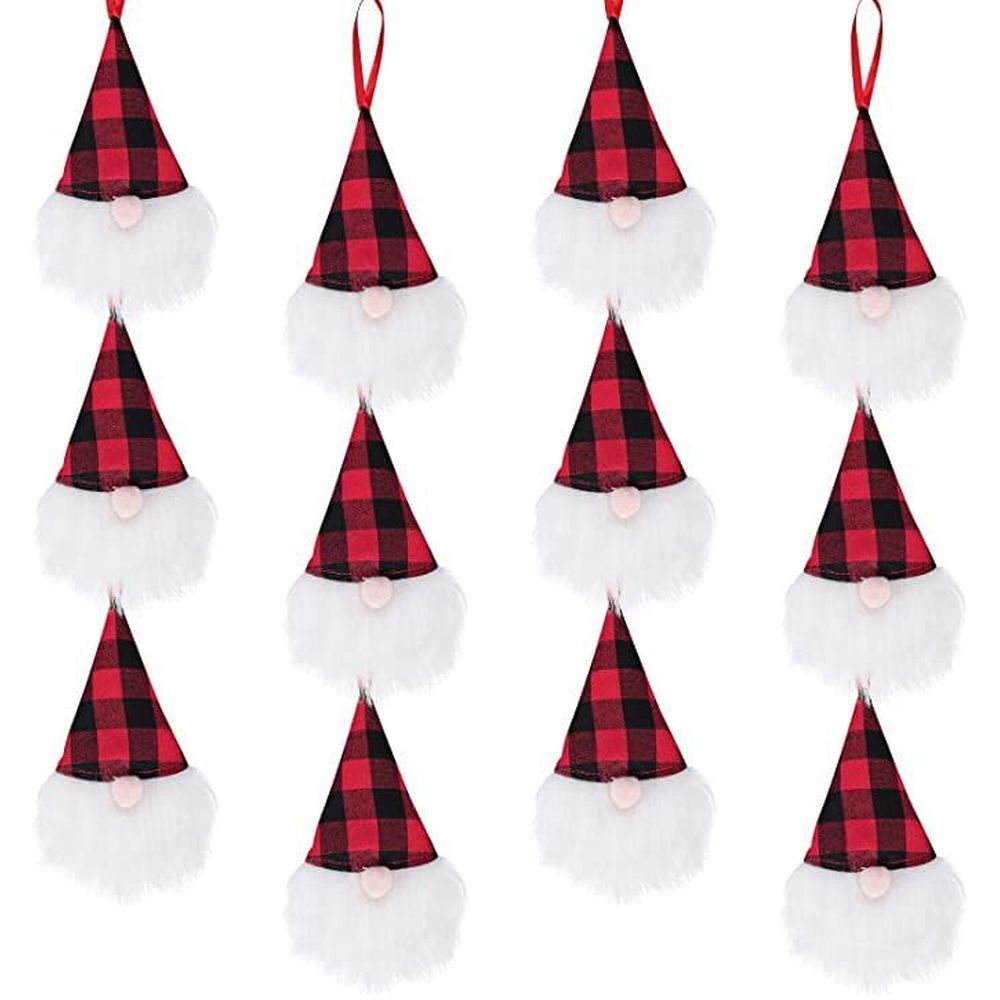 Christmas Gnomes Tree Ornaments Set, 12 Pack Handmade Plush Tomte Hanging Christmas Decorations, Swedish Scandinavian Santa with Buffalo Check Plaid Hat for Home Decor