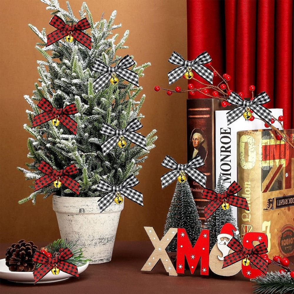 50PCS Christmas Bow with Bell Mini Plaid Bows Buffalo Plaid Bow Gingham Bow Xmas Bells for Christmas Tree Crafts Home Decoration DIY Making Ornament
