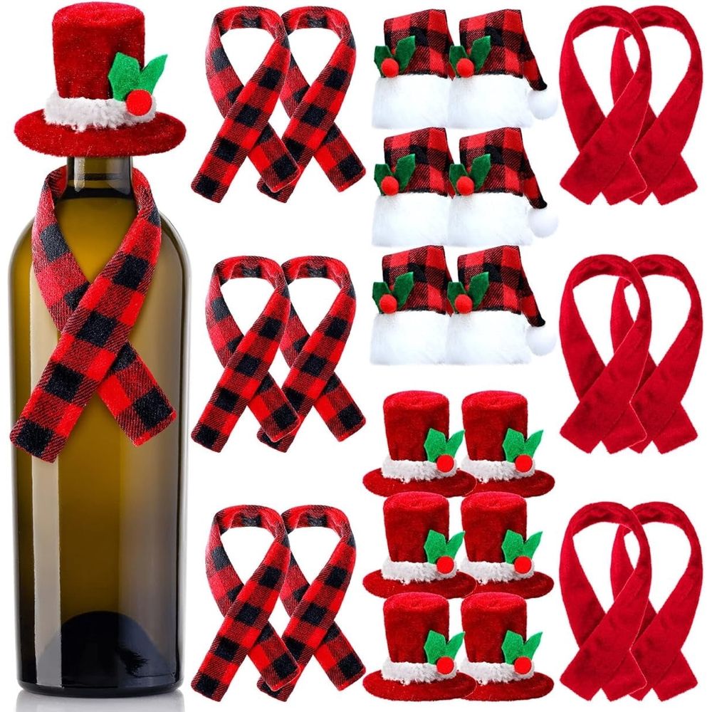 Christmas Wine Bottle Cover Set Red Black Buffalo Plaid Mini Xmas Santa Hat Scarf for Christmas Party Table Decorations Wine Bottle Décor