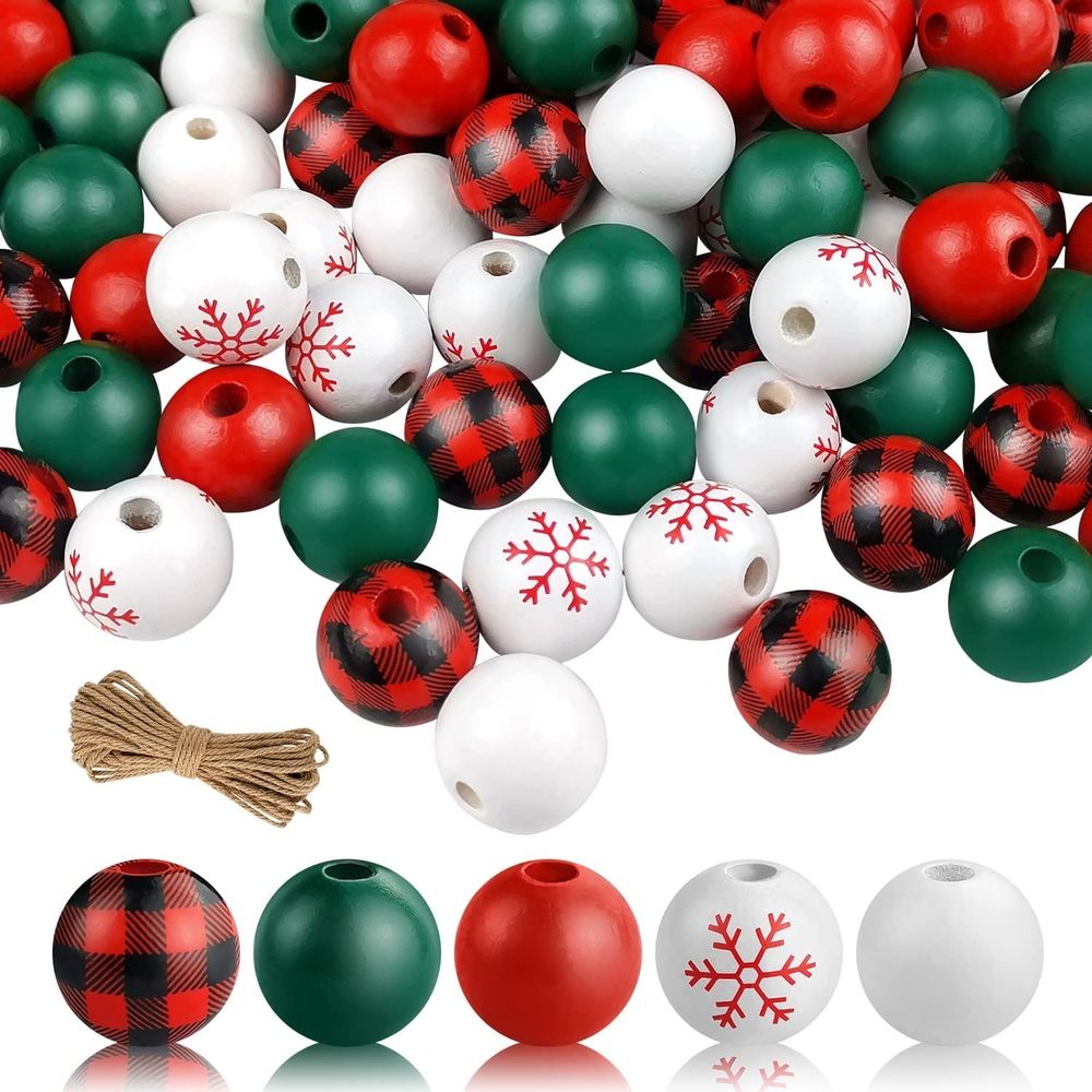 110 Pcs Christmas Plaid Wood Beads 15mm Buffalo Plaid Wood Beads Farmhouse Print Wood Spacer Beads for Christmas Decoration DIY Holiday Party Craft Supplies
