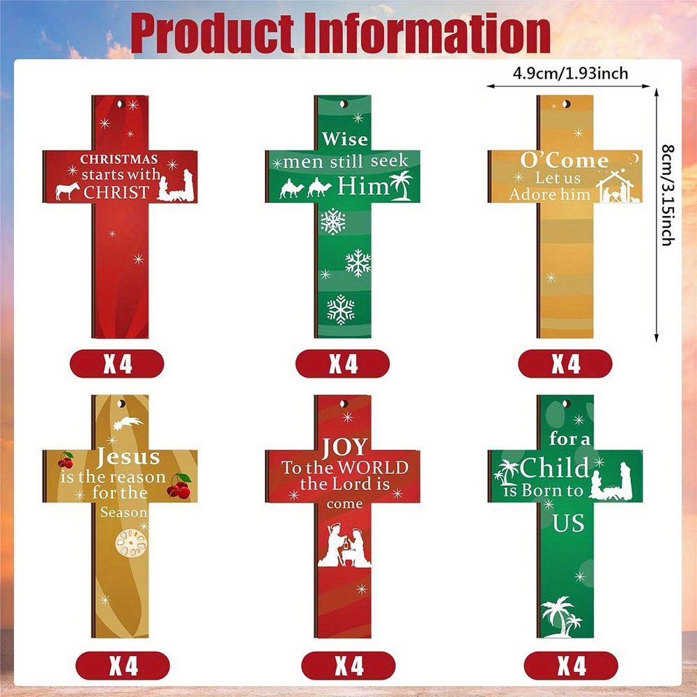 24PCS Hanging Wooden Cross Decoration, Cross Christmas Decorations Indoor, Wooden Cross Christmas Ornaments Set, Religious Christmas Tree Decorations Cross Pendant