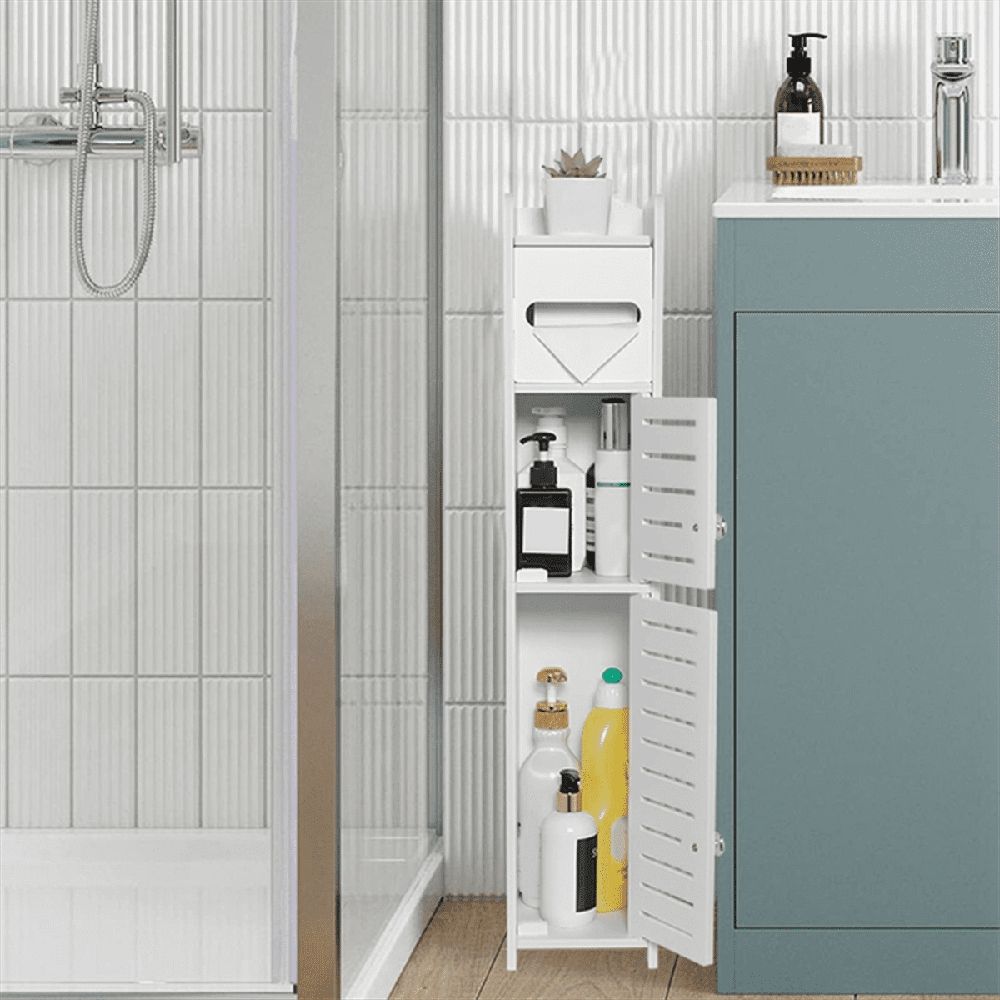 Storage Cabinet for Small Spaces, Over the Toilet Cabinet for Skinny Bathroom Storage Corner Floor (White)