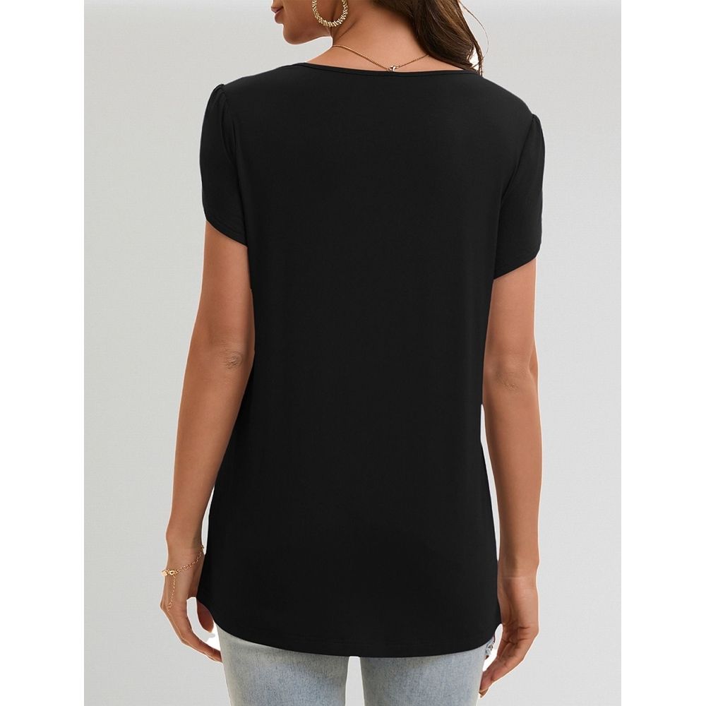Womens Pleated Casual Tops Ruffle Short Sleeve Blouses Crewneck Business Work Shirts Summer Going Out Black M