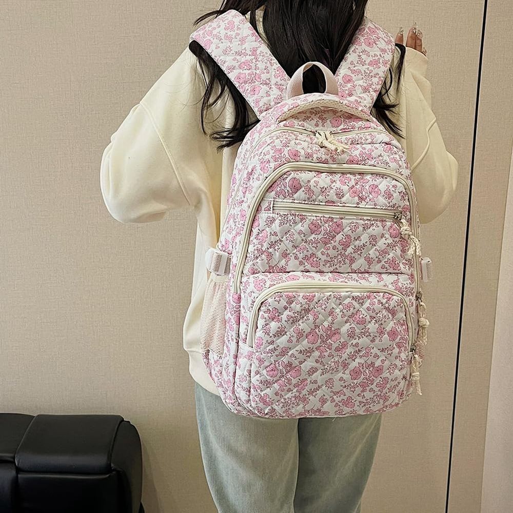School Backpack for Teen Girls Bookbags Elementary High School Corduroy Laptop Bags Women Travel Daypacks Middle School College Flower,Pink